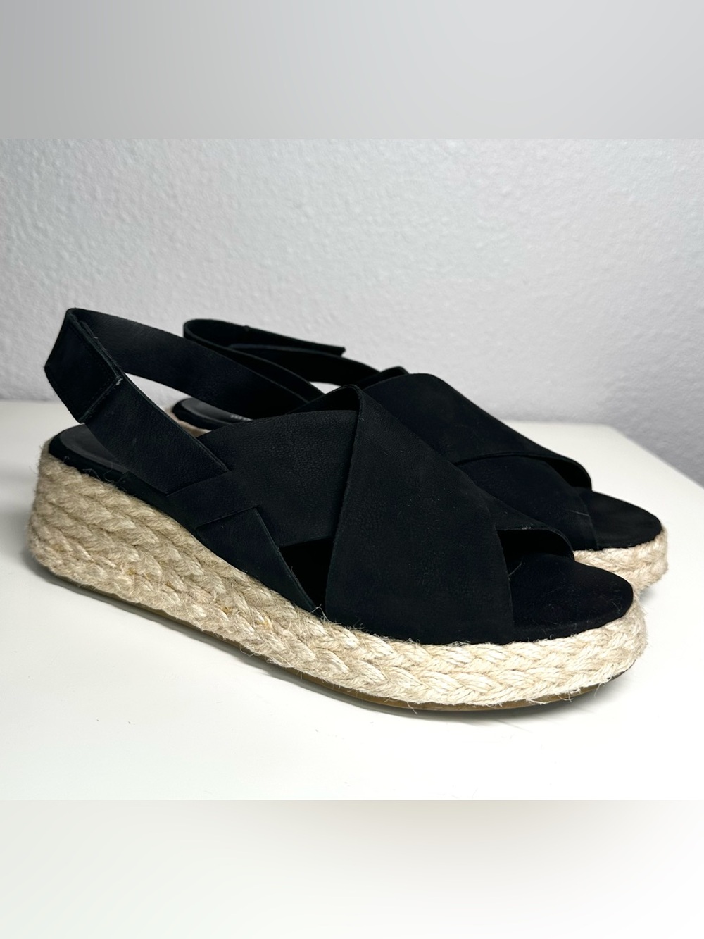 Eileen Fisher Women's Black Leather Timor Espadrille Wedge Sandals Size 9.5